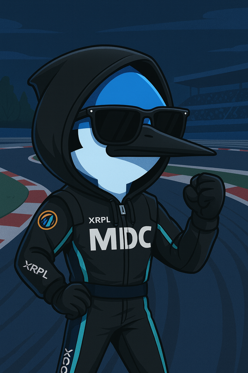 MDC racer mascot on an F1 track, fist up